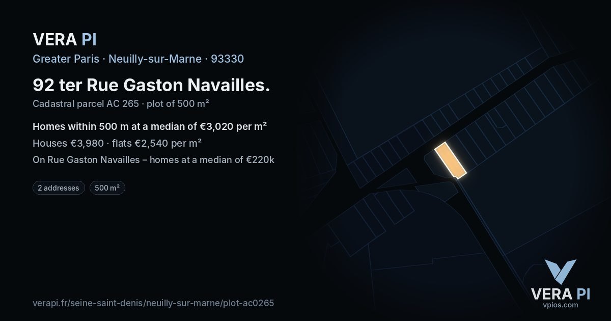 92 ter Rue Gaston Navailles, Neuilly-sur-Marne at night – the plot lit, the parcels around coloured by the prices near them