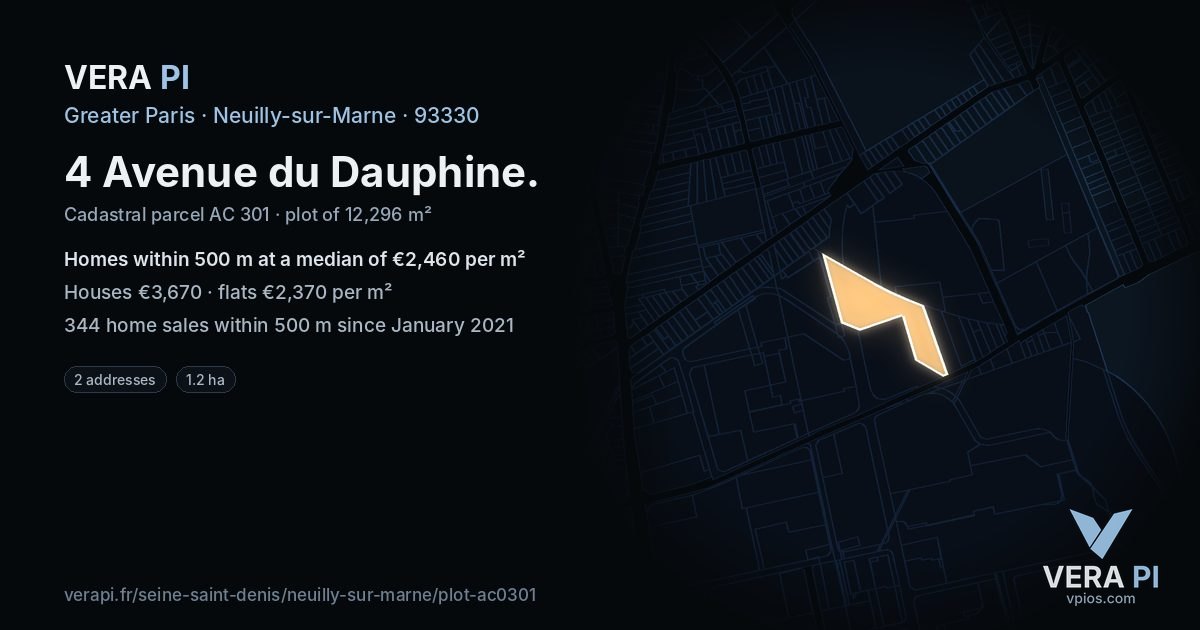 4 Avenue du Dauphine, Neuilly-sur-Marne at night – the plot lit, the parcels around coloured by the prices near them