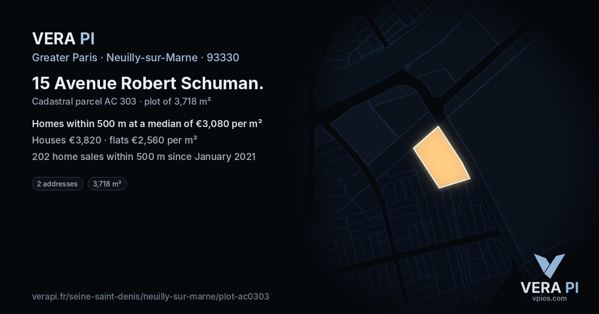 15 Avenue Robert Schuman, Neuilly-sur-Marne at night – the plot lit, the parcels around coloured by the prices near them