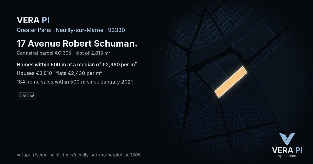 17 Avenue Robert Schuman, Neuilly-sur-Marne at night – the plot lit, the parcels around coloured by the prices near them