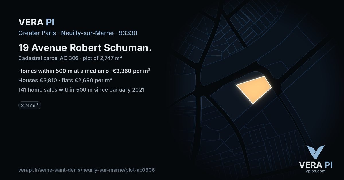 19 Avenue Robert Schuman, Neuilly-sur-Marne at night – the plot lit, the parcels around coloured by the prices near them