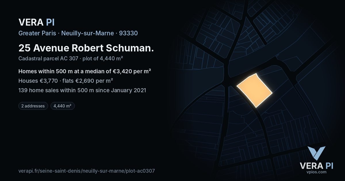 25 Avenue Robert Schuman, Neuilly-sur-Marne at night – the plot lit, the parcels around coloured by the prices near them
