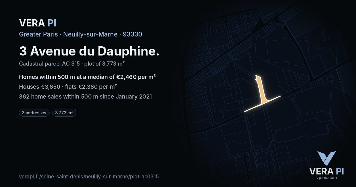 3 Avenue du Dauphine, Neuilly-sur-Marne at night – the plot lit, the parcels around coloured by the prices near them