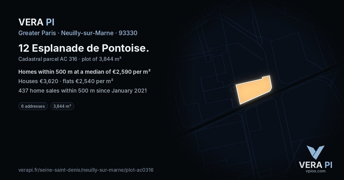 12 Esplanade de Pontoise, Neuilly-sur-Marne at night – the plot lit, the parcels around coloured by the prices near them