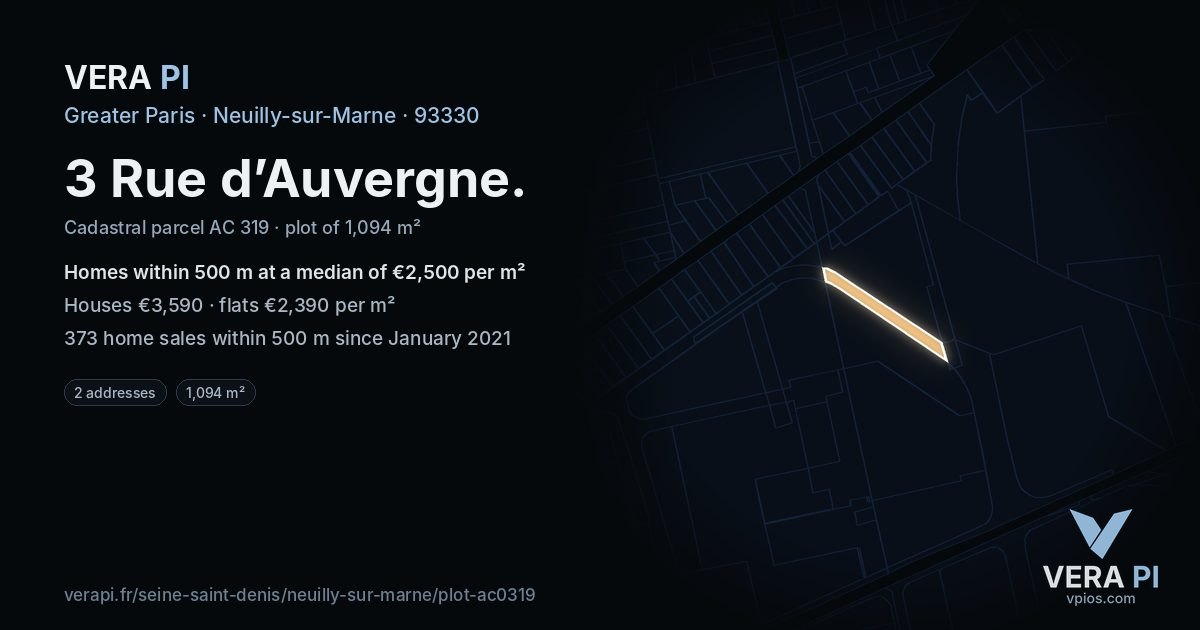 3 Rue d’Auvergne, Neuilly-sur-Marne at night – the plot lit, the parcels around coloured by the prices near them