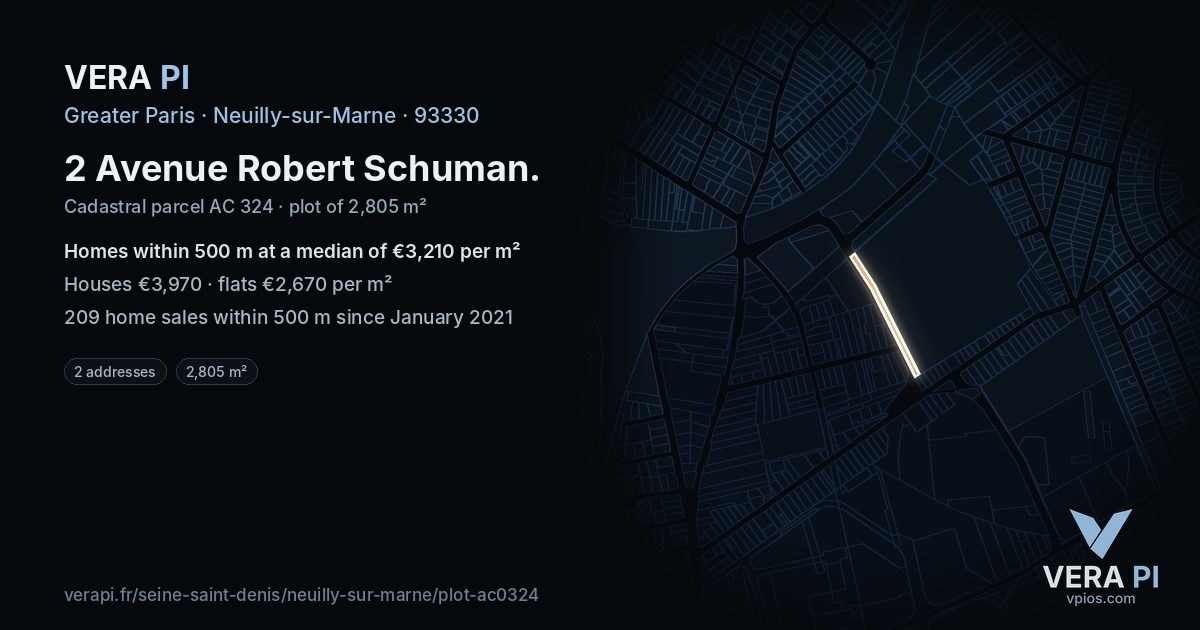 2 Avenue Robert Schuman, Neuilly-sur-Marne at night – the plot lit, the parcels around coloured by the prices near them