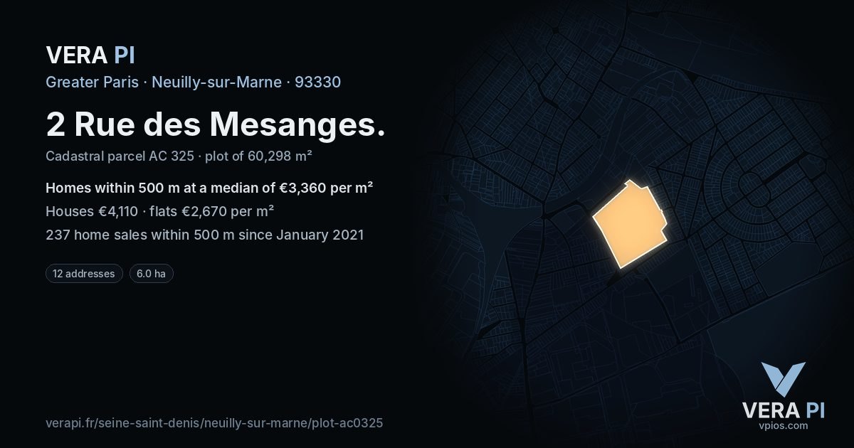 2 Rue des Mesanges, Neuilly-sur-Marne at night – the plot lit, the parcels around coloured by the prices near them