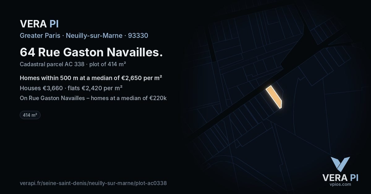 64 Rue Gaston Navailles, Neuilly-sur-Marne at night – the plot lit, the parcels around coloured by the prices near them