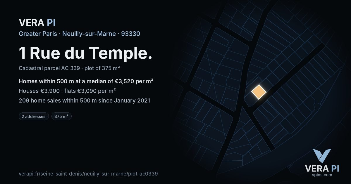 1 Rue du Temple, Neuilly-sur-Marne at night – the plot lit, the parcels around coloured by the prices near them