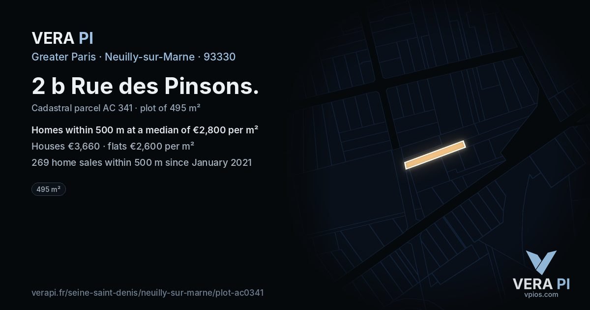 2 b Rue des Pinsons, Neuilly-sur-Marne at night – the plot lit, the parcels around coloured by the prices near them