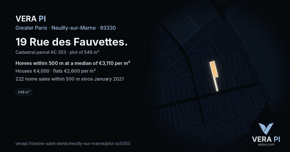 19 Rue des Fauvettes, Neuilly-sur-Marne at night – the plot lit, the parcels around coloured by the prices near them
