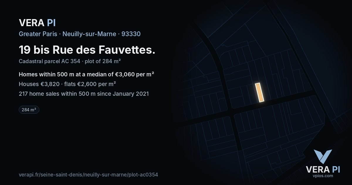 19 bis Rue des Fauvettes, Neuilly-sur-Marne at night – the plot lit, the parcels around coloured by the prices near them