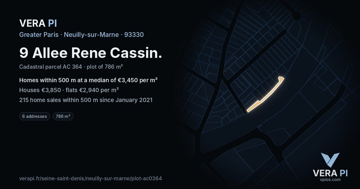 9 Allee Rene Cassin, Neuilly-sur-Marne at night – the plot lit, the parcels around coloured by the prices near them