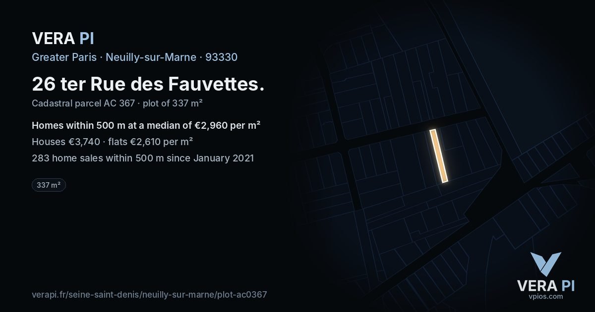 26 ter Rue des Fauvettes, Neuilly-sur-Marne at night – the plot lit, the parcels around coloured by the prices near them