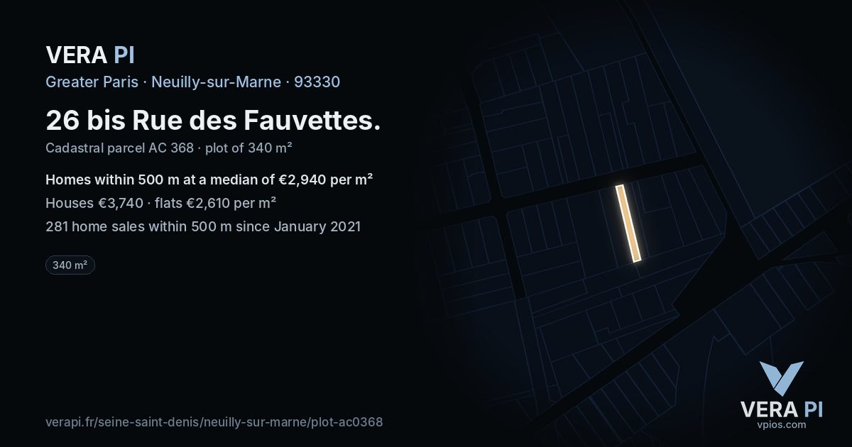 26 bis Rue des Fauvettes, Neuilly-sur-Marne at night – the plot lit, the parcels around coloured by the prices near them