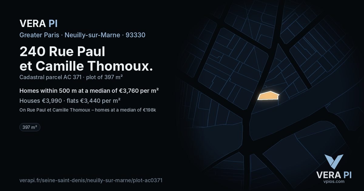 240 Rue Paul et Camille Thomoux, Neuilly-sur-Marne at night – the plot lit, the parcels around coloured by the prices near them