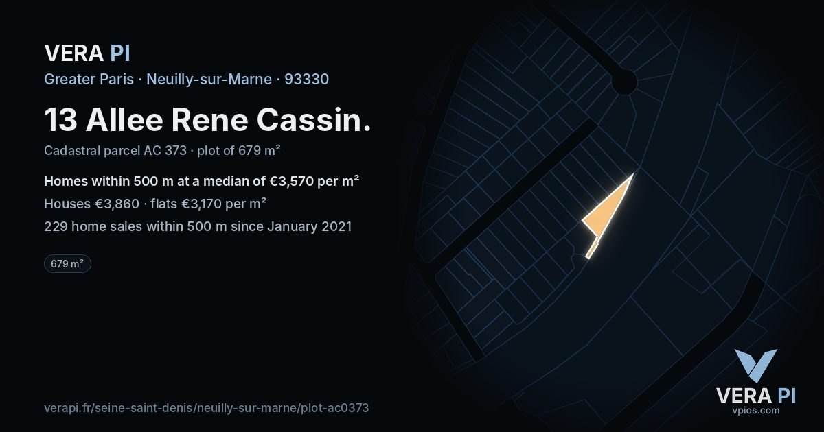 13 Allee Rene Cassin, Neuilly-sur-Marne at night – the plot lit, the parcels around coloured by the prices near them