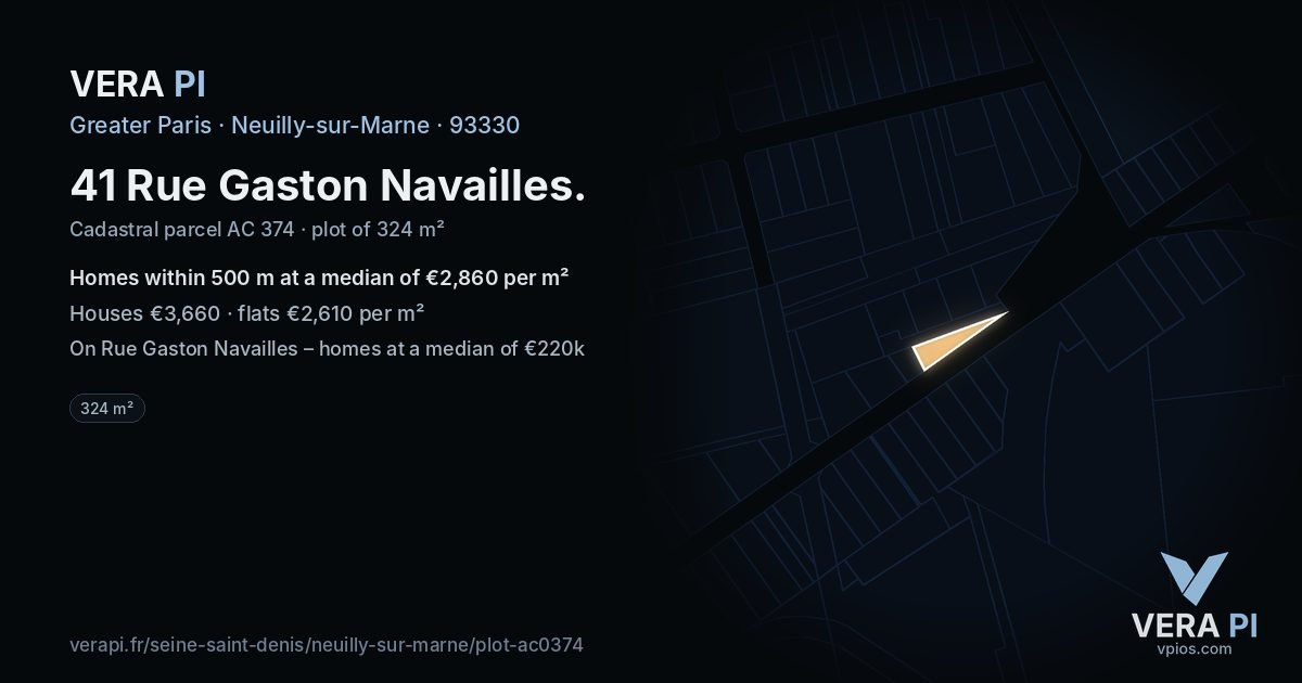 41 Rue Gaston Navailles, Neuilly-sur-Marne at night – the plot lit, the parcels around coloured by the prices near them