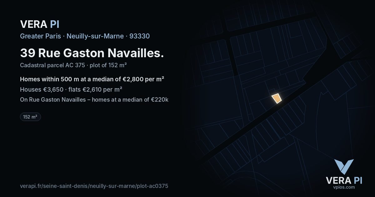 39 Rue Gaston Navailles, Neuilly-sur-Marne at night – the plot lit, the parcels around coloured by the prices near them