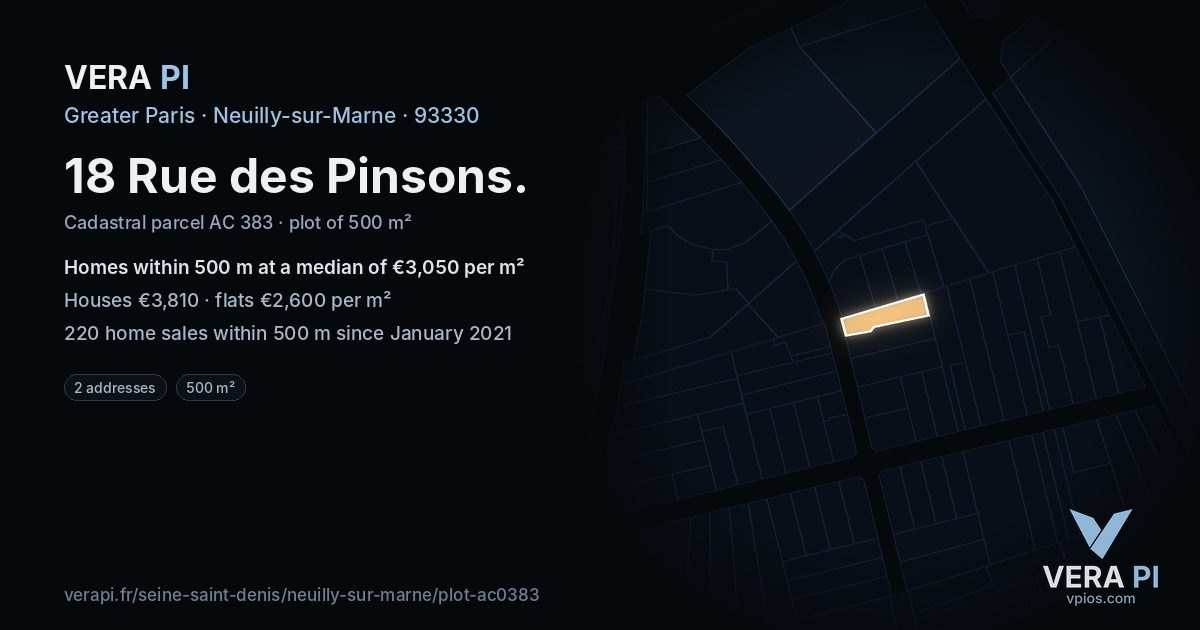 18 Rue des Pinsons, Neuilly-sur-Marne at night – the plot lit, the parcels around coloured by the prices near them