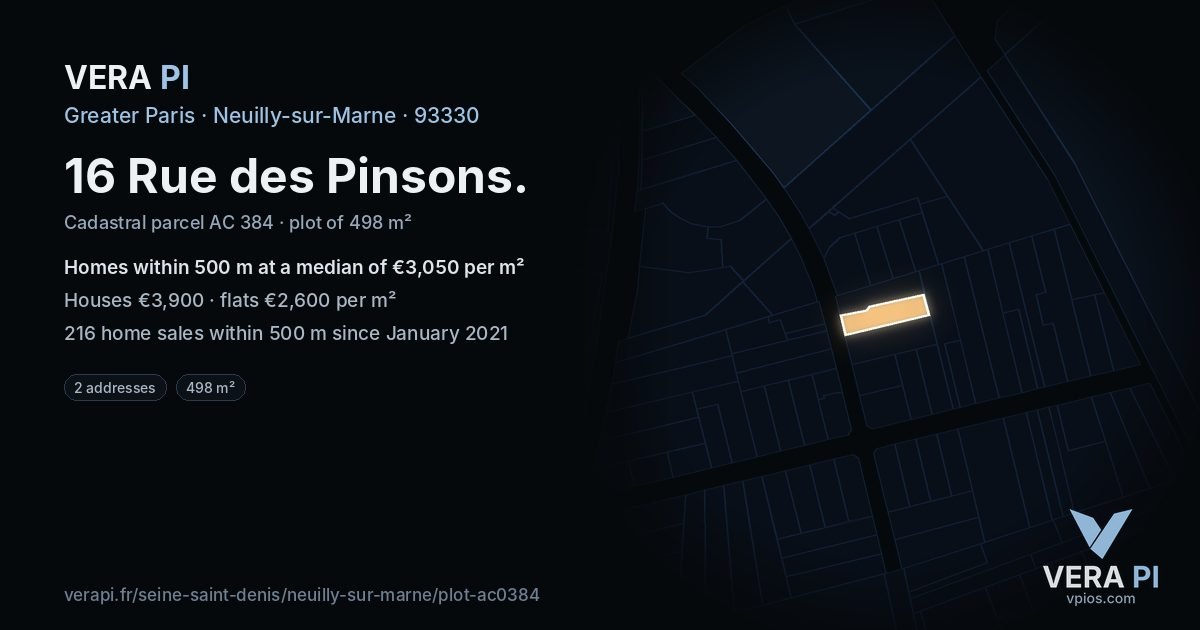 16 Rue des Pinsons, Neuilly-sur-Marne at night – the plot lit, the parcels around coloured by the prices near them