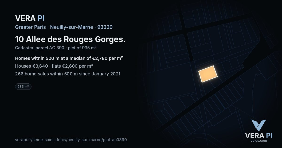 10 Allee des Rouges Gorges, Neuilly-sur-Marne at night – the plot lit, the parcels around coloured by the prices near them