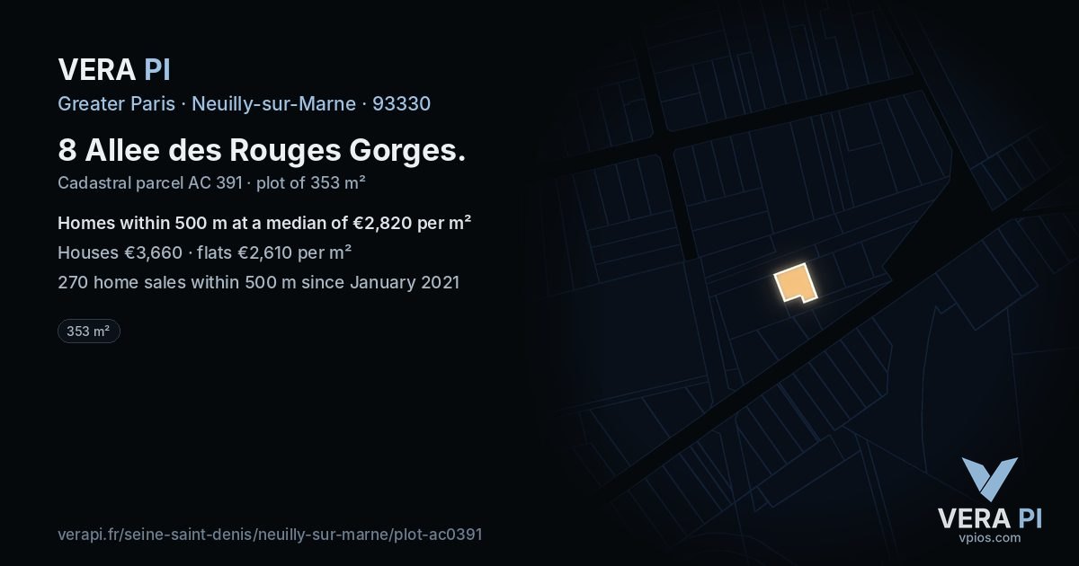 8 Allee des Rouges Gorges, Neuilly-sur-Marne at night – the plot lit, the parcels around coloured by the prices near them