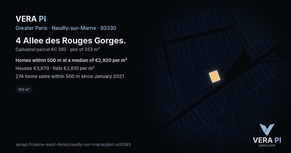 4 Allee des Rouges Gorges, Neuilly-sur-Marne at night – the plot lit, the parcels around coloured by the prices near them