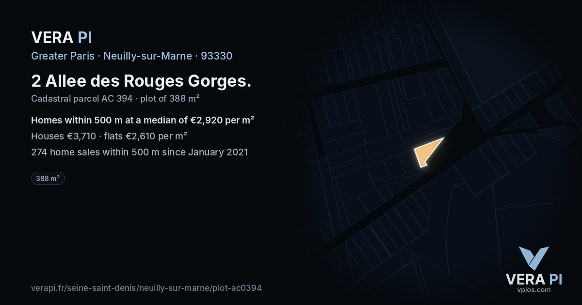 2 Allee des Rouges Gorges, Neuilly-sur-Marne at night – the plot lit, the parcels around coloured by the prices near them