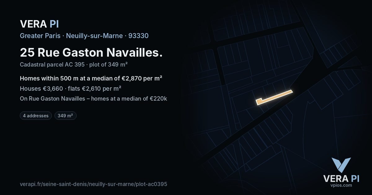 25 Rue Gaston Navailles, Neuilly-sur-Marne at night – the plot lit, the parcels around coloured by the prices near them