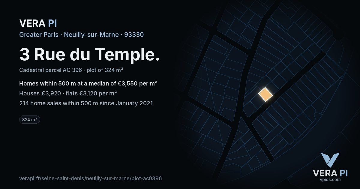 3 Rue du Temple, Neuilly-sur-Marne at night – the plot lit, the parcels around coloured by the prices near them