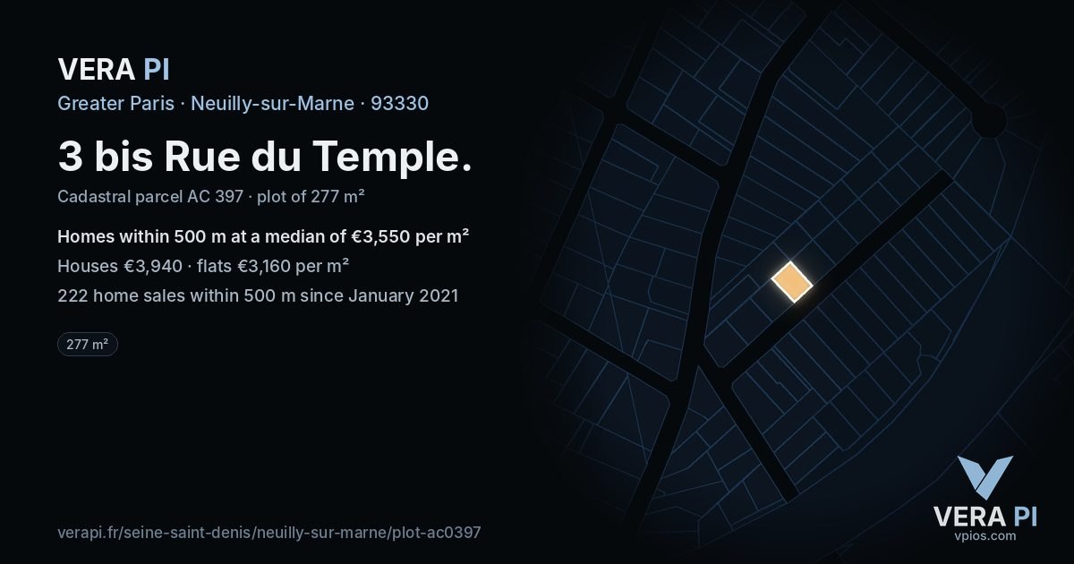 3 bis Rue du Temple, Neuilly-sur-Marne at night – the plot lit, the parcels around coloured by the prices near them
