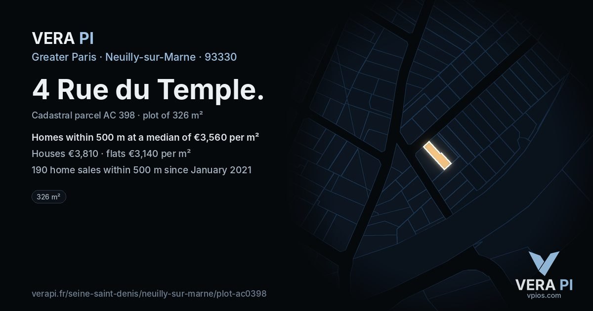 4 Rue du Temple, Neuilly-sur-Marne at night – the plot lit, the parcels around coloured by the prices near them