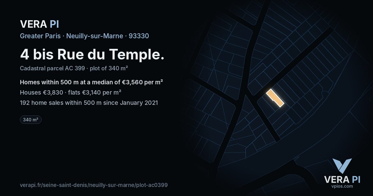 4 bis Rue du Temple, Neuilly-sur-Marne at night – the plot lit, the parcels around coloured by the prices near them
