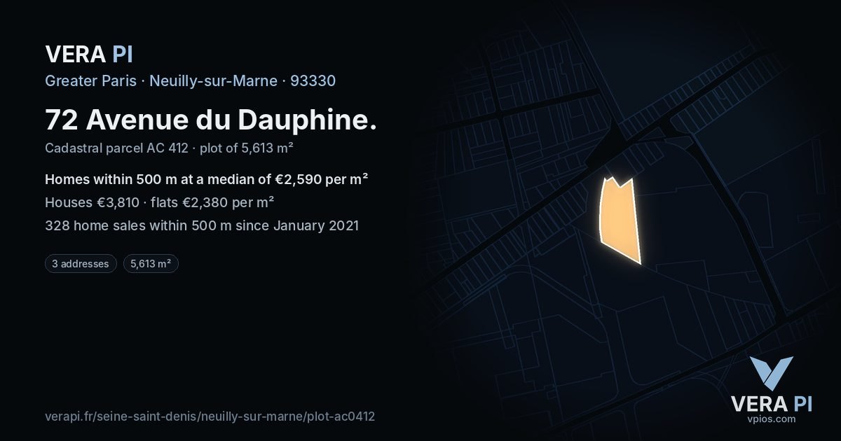 72 Avenue du Dauphine, Neuilly-sur-Marne at night – the plot lit, the parcels around coloured by the prices near them