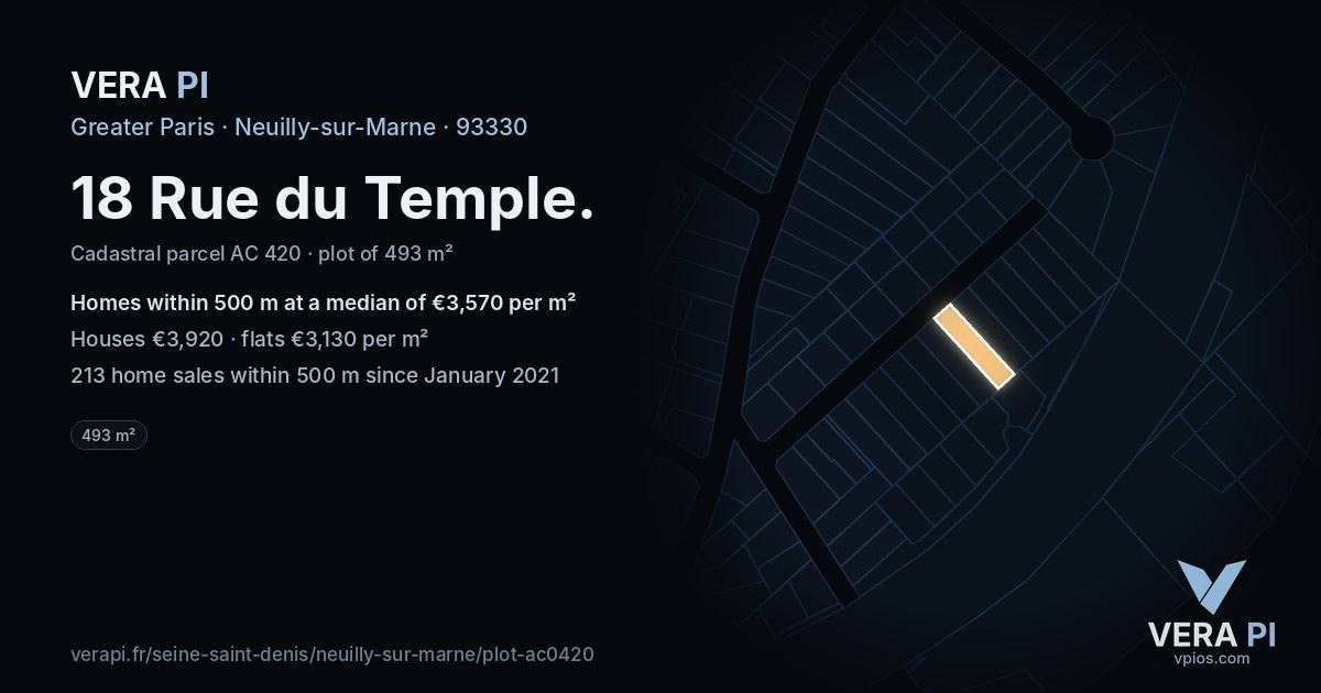 18 Rue du Temple, Neuilly-sur-Marne at night – the plot lit, the parcels around coloured by the prices near them
