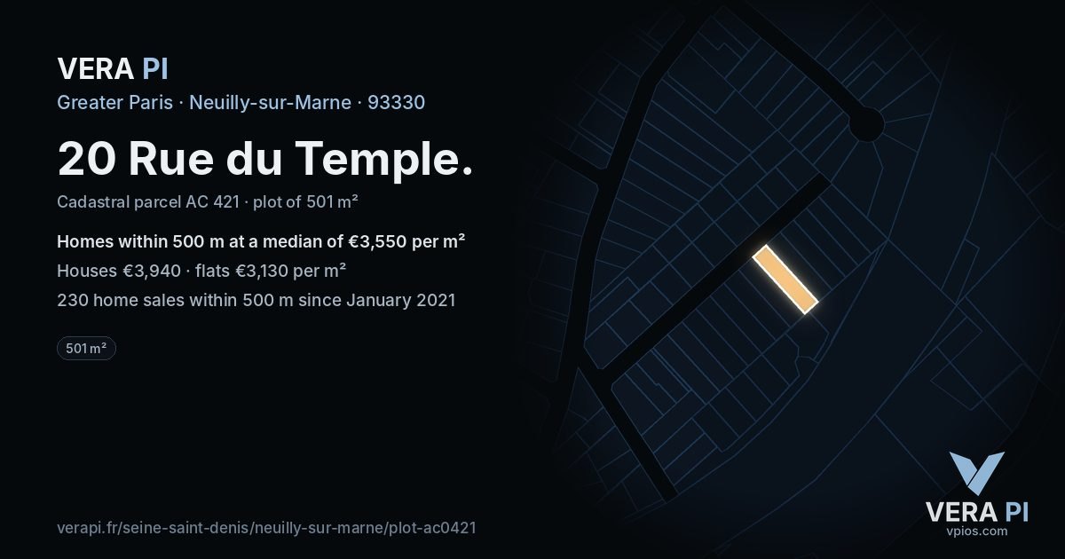 20 Rue du Temple, Neuilly-sur-Marne at night – the plot lit, the parcels around coloured by the prices near them
