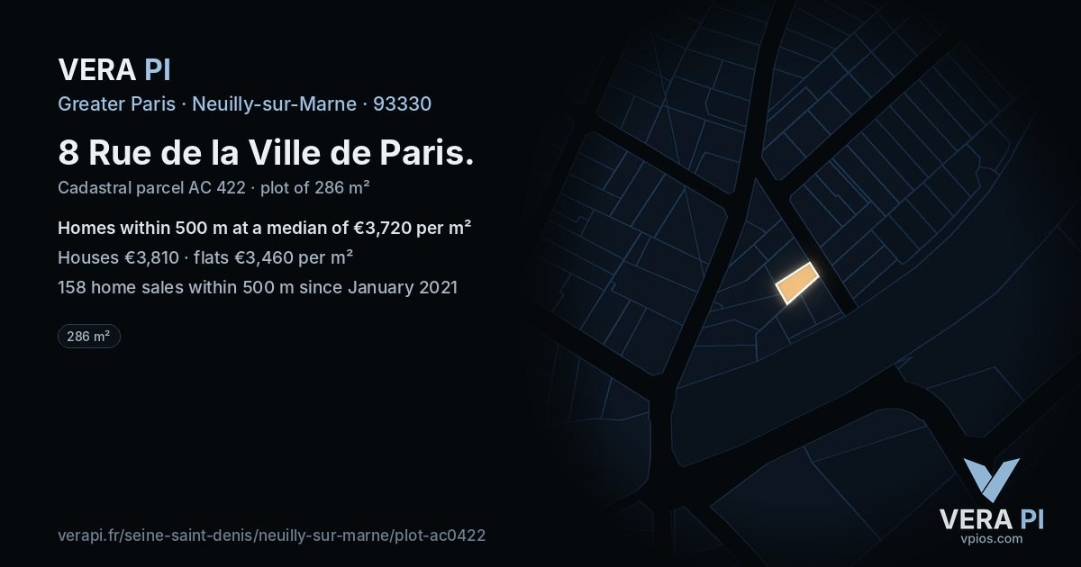 8 Rue de la Ville de Paris, Neuilly-sur-Marne at night – the plot lit, the parcels around coloured by the prices near them