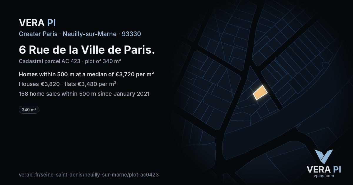 6 Rue de la Ville de Paris, Neuilly-sur-Marne at night – the plot lit, the parcels around coloured by the prices near them