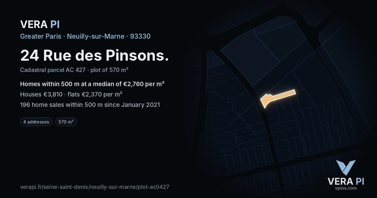 24 Rue des Pinsons, Neuilly-sur-Marne at night – the plot lit, the parcels around coloured by the prices near them