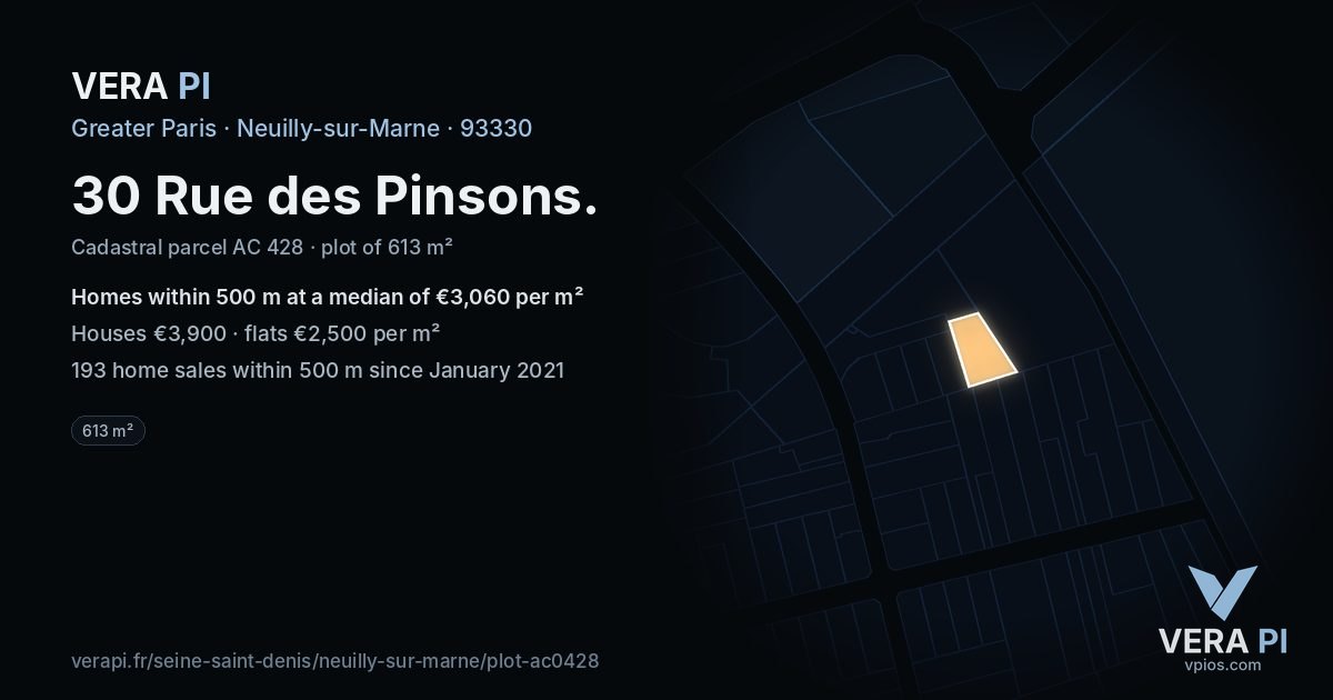 30 Rue des Pinsons, Neuilly-sur-Marne at night – the plot lit, the parcels around coloured by the prices near them