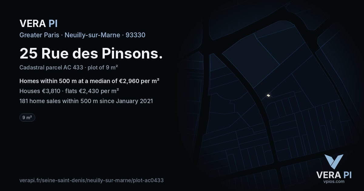 25 Rue des Pinsons, Neuilly-sur-Marne at night – the plot lit, the parcels around coloured by the prices near them