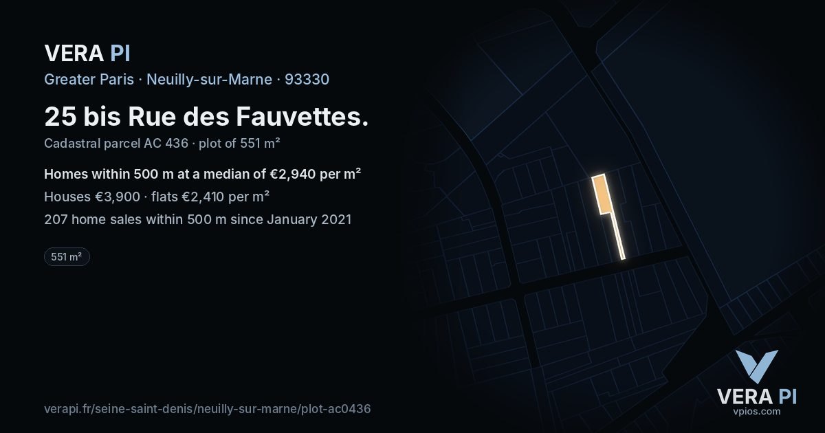 25 bis Rue des Fauvettes, Neuilly-sur-Marne at night – the plot lit, the parcels around coloured by the prices near them