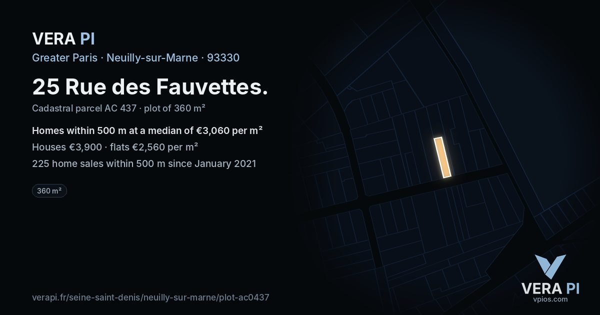25 Rue des Fauvettes, Neuilly-sur-Marne at night – the plot lit, the parcels around coloured by the prices near them