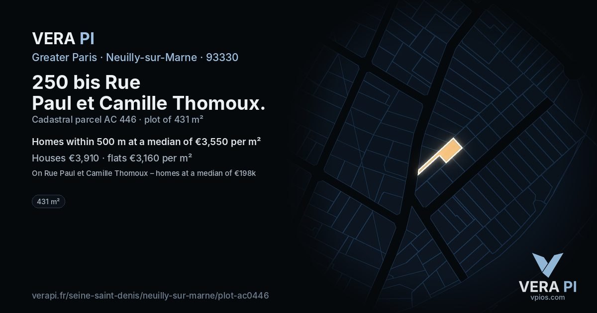 250 bis Rue Paul et Camille Thomoux, Neuilly-sur-Marne at night – the plot lit, the parcels around coloured by the prices near them