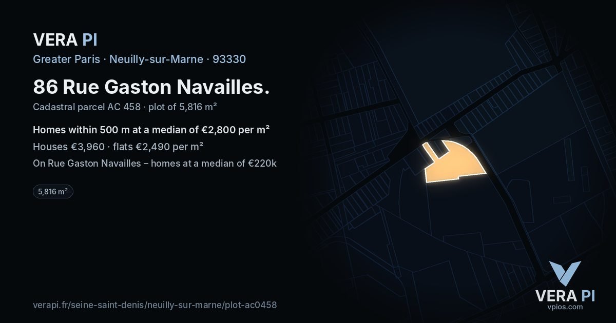 86 Rue Gaston Navailles, Neuilly-sur-Marne at night – the plot lit, the parcels around coloured by the prices near them