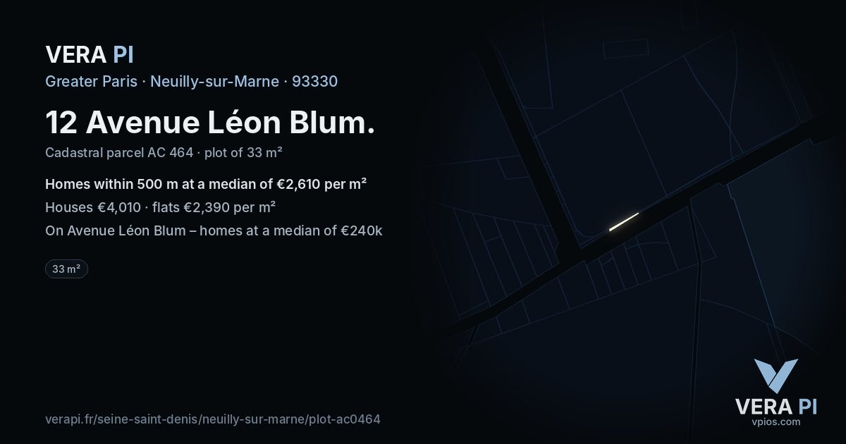 12 Avenue Léon Blum, Neuilly-sur-Marne at night – the plot lit, the parcels around coloured by the prices near them