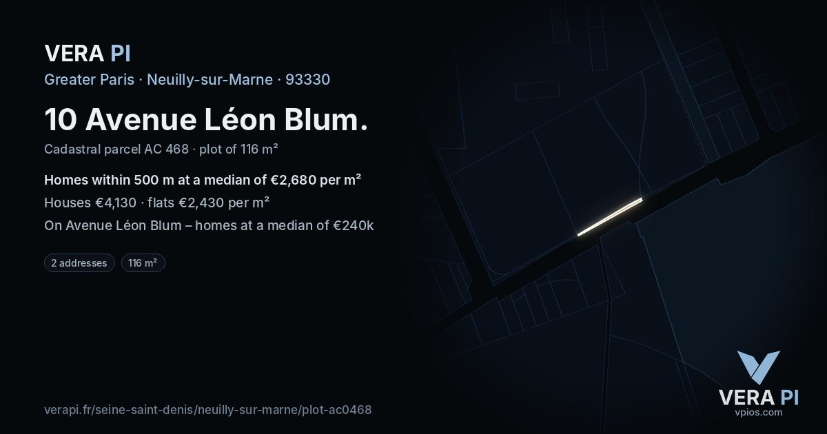 10 Avenue Léon Blum, Neuilly-sur-Marne at night – the plot lit, the parcels around coloured by the prices near them