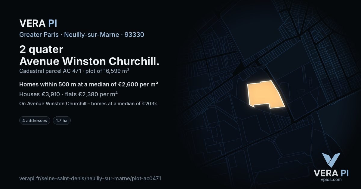 2 quater Avenue Winston Churchill, Neuilly-sur-Marne at night – the plot lit, the parcels around coloured by the prices near them