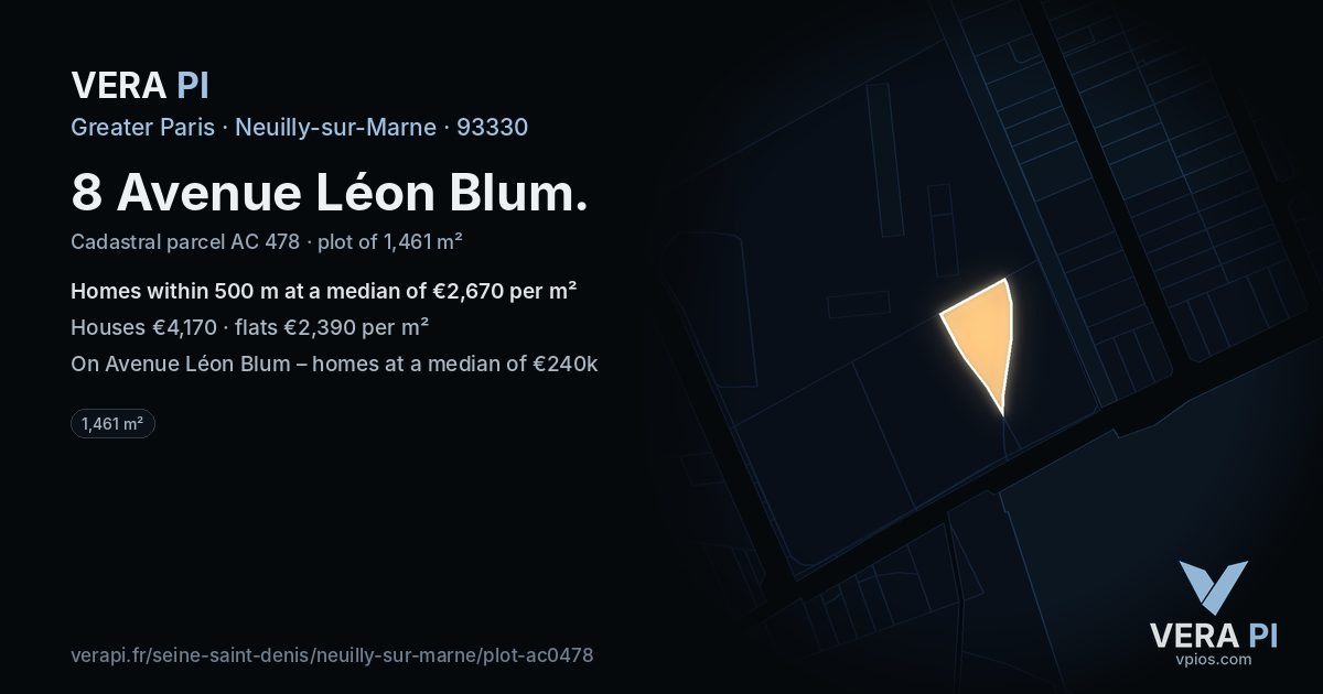 8 Avenue Léon Blum, Neuilly-sur-Marne at night – the plot lit, the parcels around coloured by the prices near them